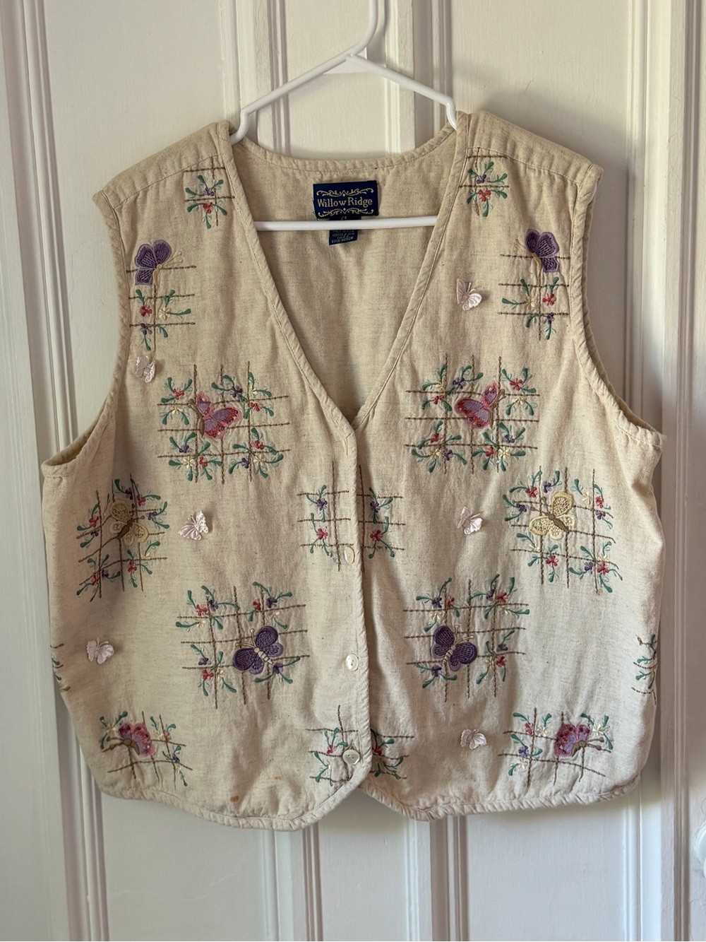 Willow Ridge Cream Button Front Vest Embroidered Flowers/Butterflies Size 2X